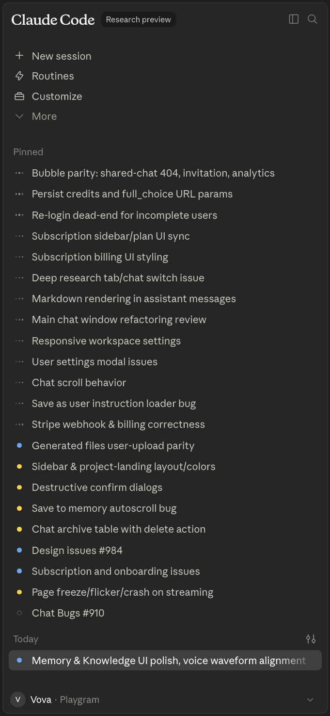 A sidebar of about two dozen pinned Claude Code sessions, each showing its own state
