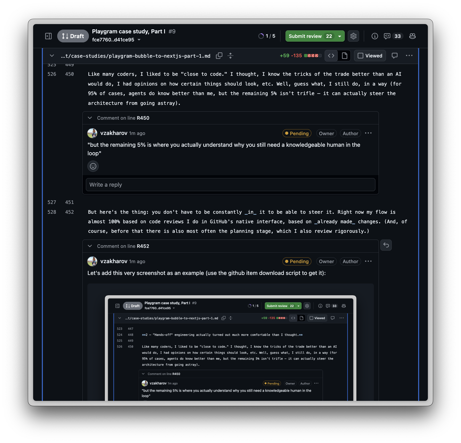 A GitHub pull request review open in the split diff view, with two pending inline comments left on the paragraphs of this very article