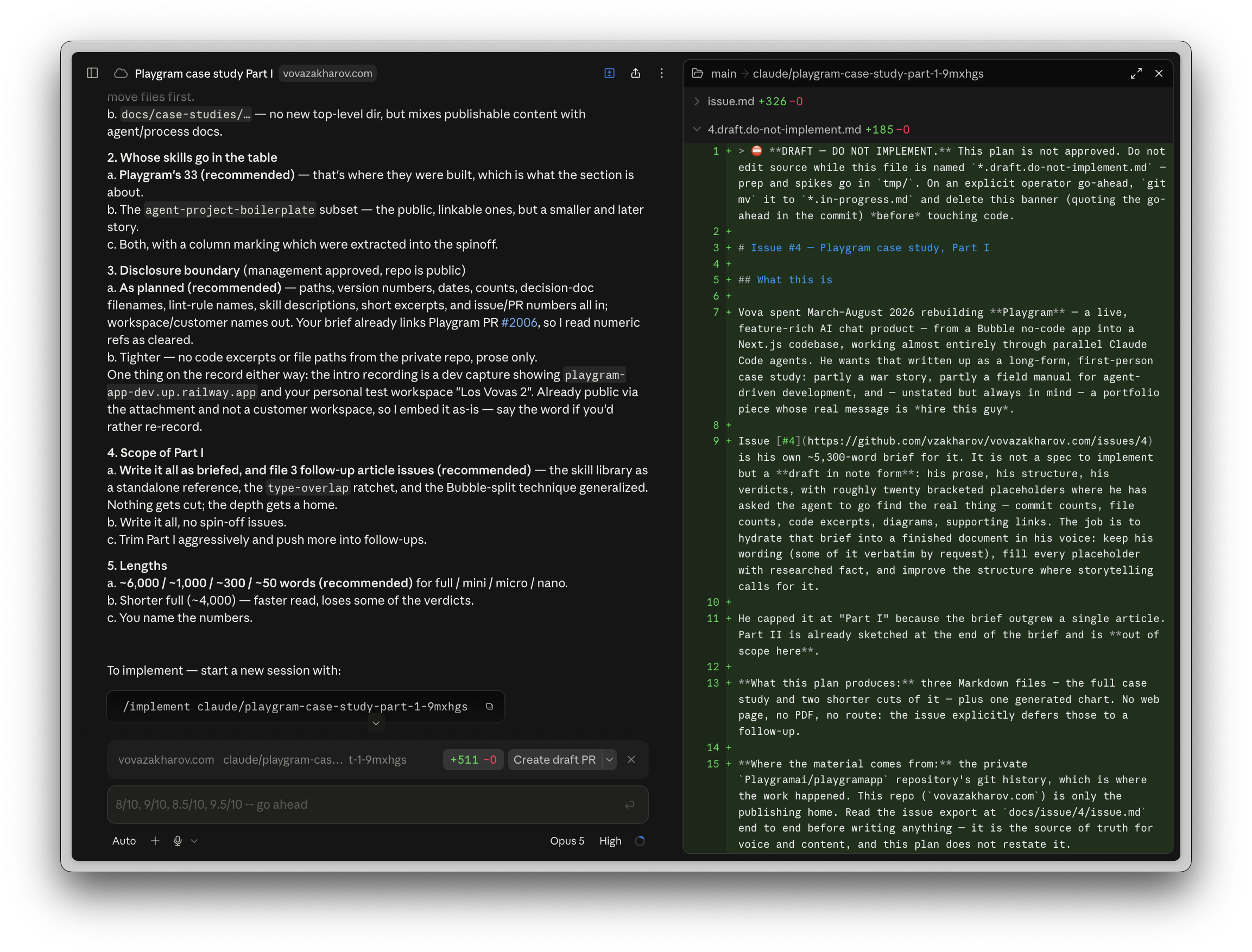 The plan skill's handoff: numbered questions on the left, the plan file's diff on the right, and a copyable /implement command with the branch name